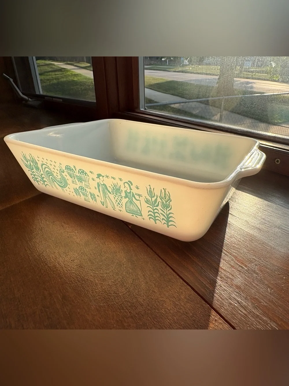 Pyrex White Baking Dish with Turquoise Folk Motif